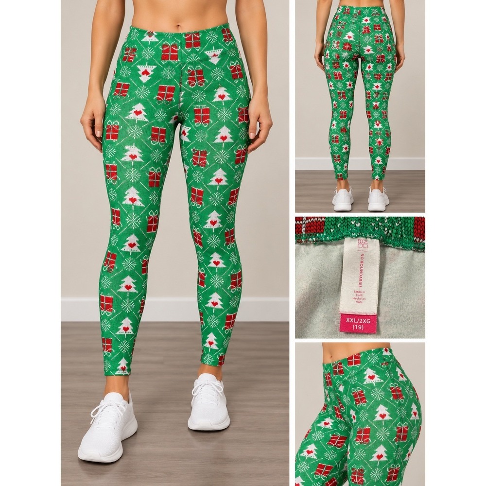 No Boundaries Leggings Women XXL Green Excellent Sporty Chic Holiday Fair Isle